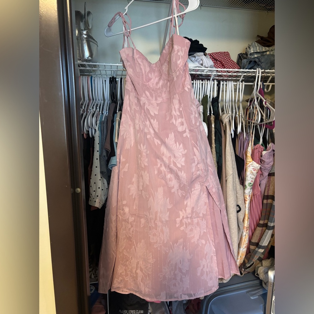 Lulus Loveliest Looks Blush Pink Floral Jacquard Tie-strap Midi Dress - Size S - Picture 2 of 2